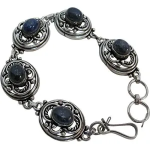 Ethnic Tribal Silver-Tone White Metal Vintage Style Chakra Yoga Lapis Lazuli Stones Adjustable Bracelet