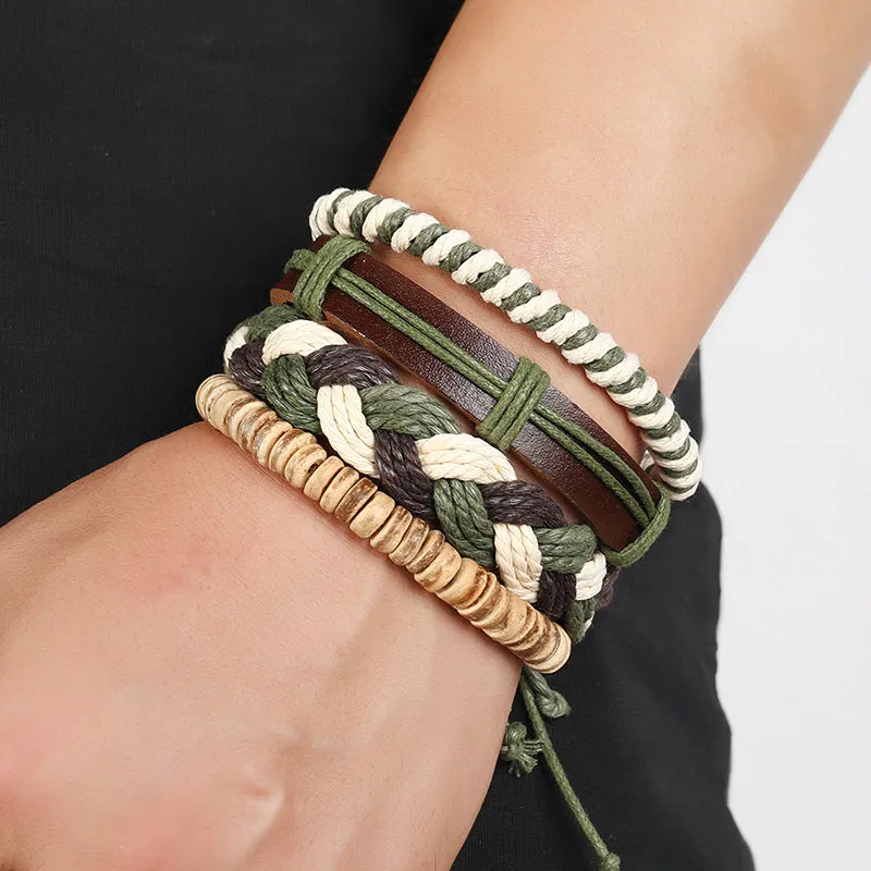 European And American Popular Ornament Personalized Woven Multi-Layer Hemp Rope Bracelet Wrist String Simple Diy4-Piece Leather Bracelet