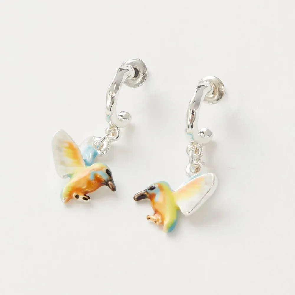 Fable England Enamel Kingfisher Hoop Earrings