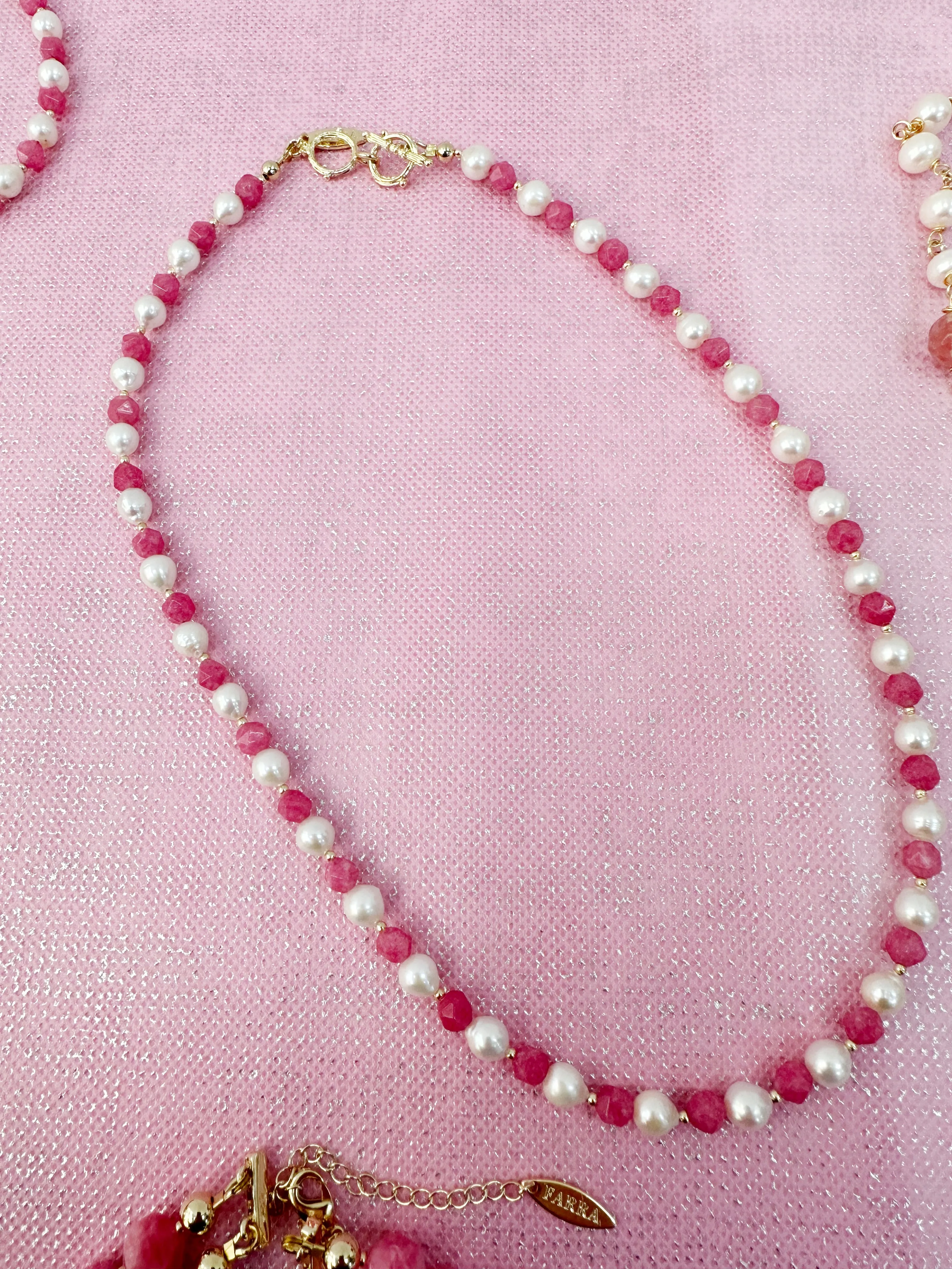 Freshwater Pearls With Pink Gemstone Necklace LN003