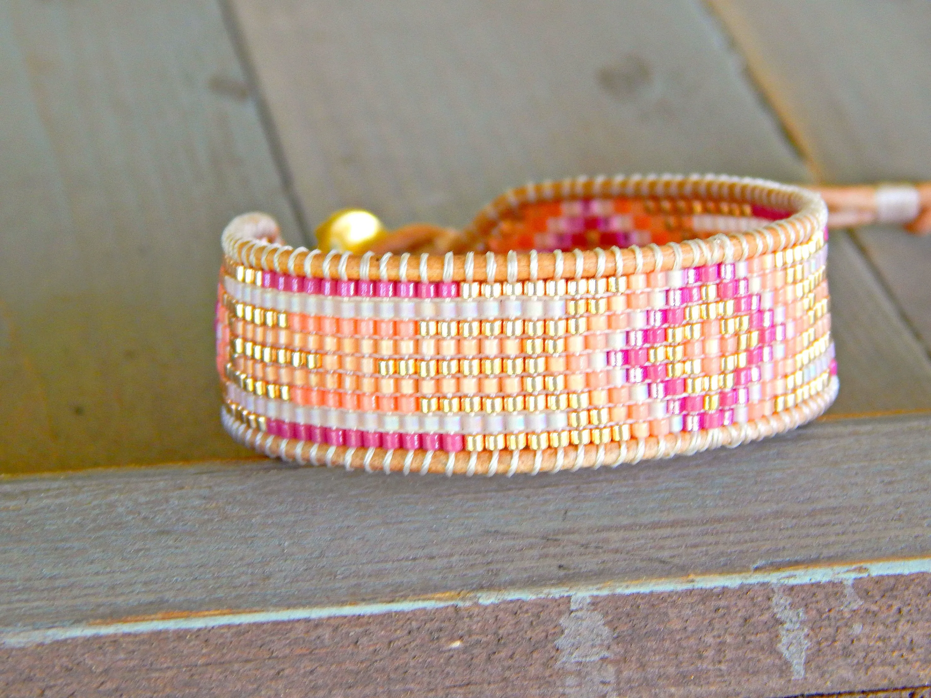 Gold and Pink Starburst Southwester Bead Loom Leather Bracelet