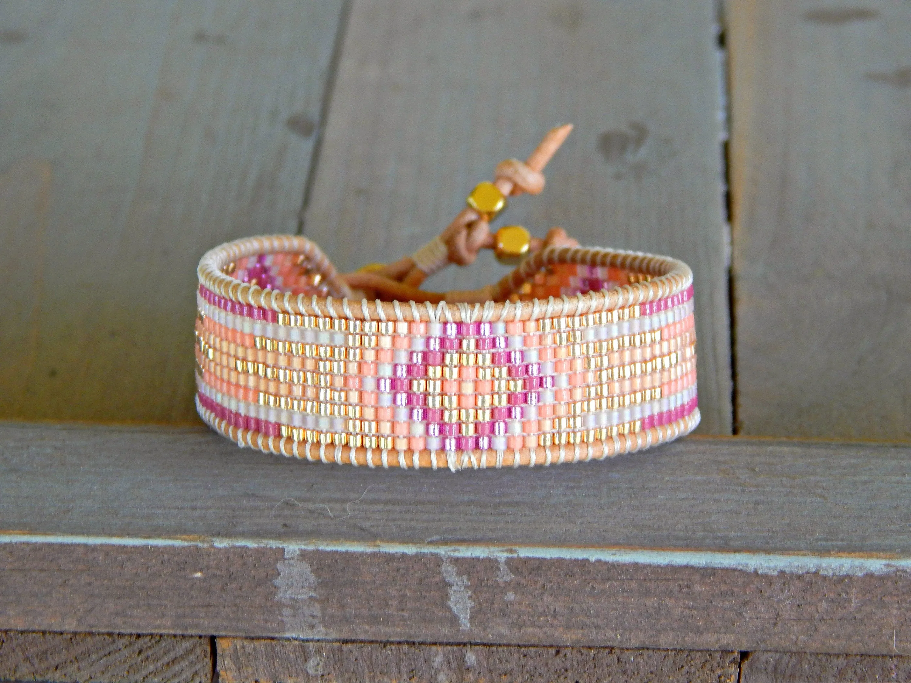 Gold and Pink Starburst Southwester Bead Loom Leather Bracelet