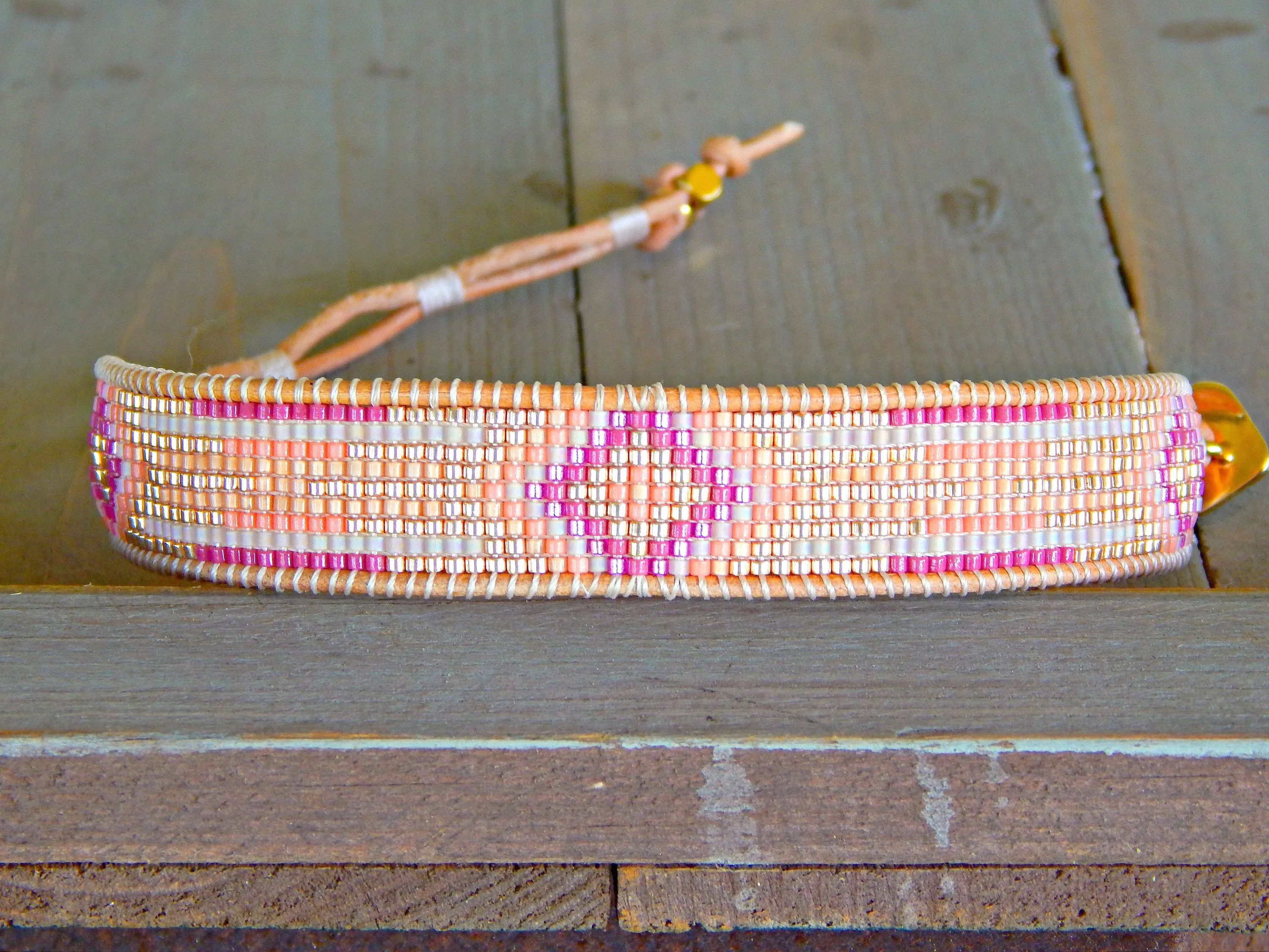 Gold and Pink Starburst Southwester Bead Loom Leather Bracelet