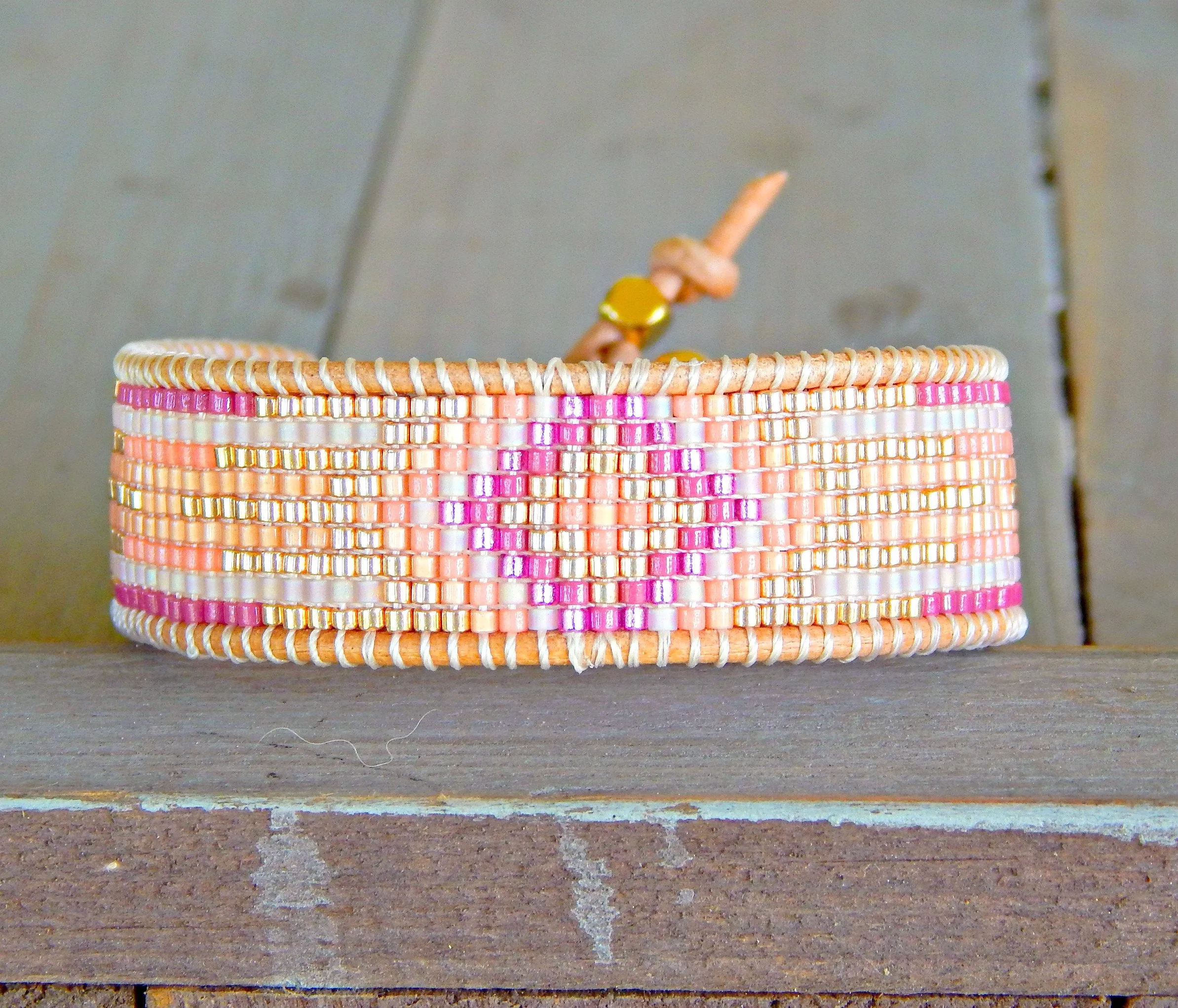 Gold and Pink Starburst Southwester Bead Loom Leather Bracelet