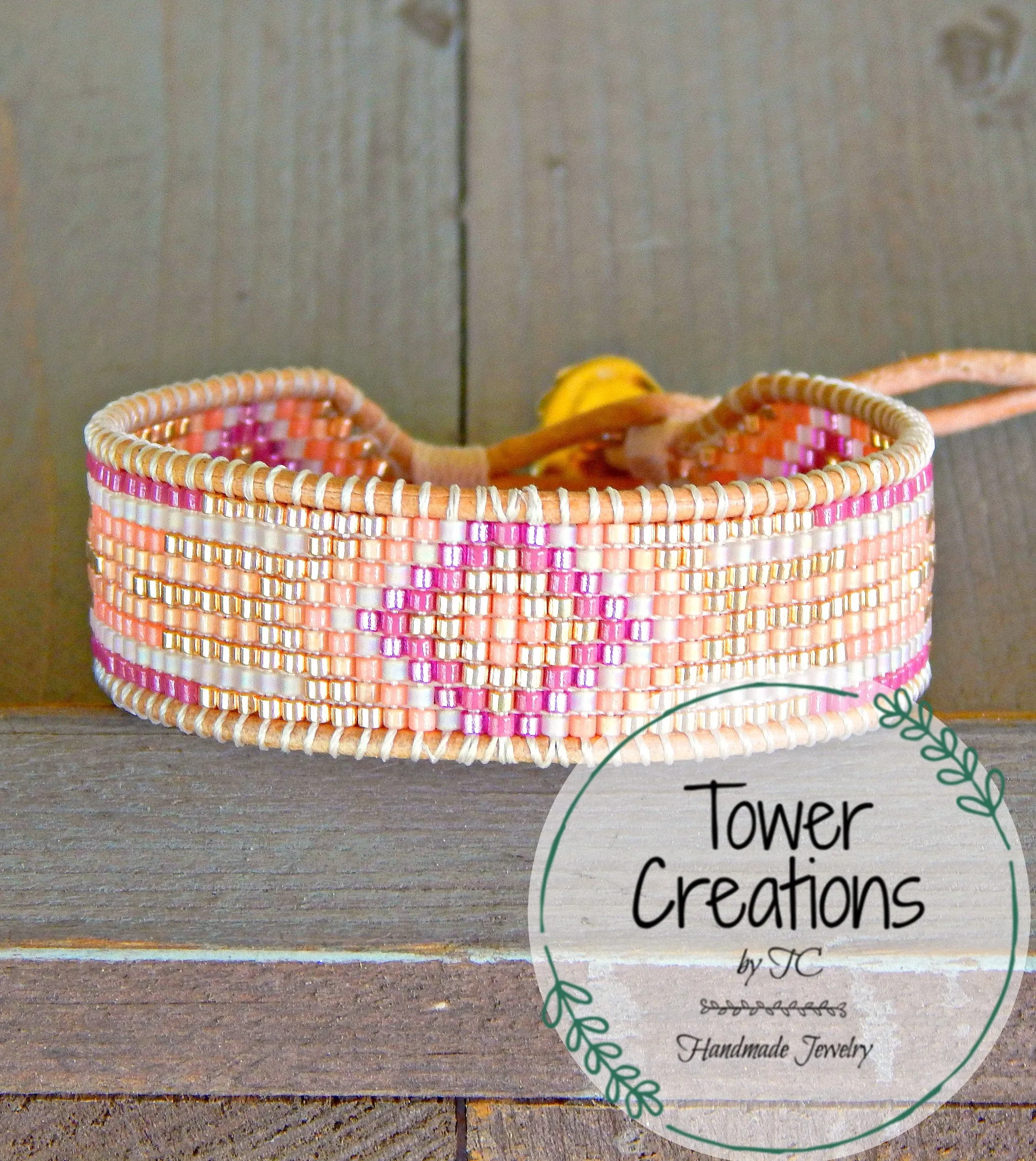 Gold and Pink Starburst Southwester Bead Loom Leather Bracelet