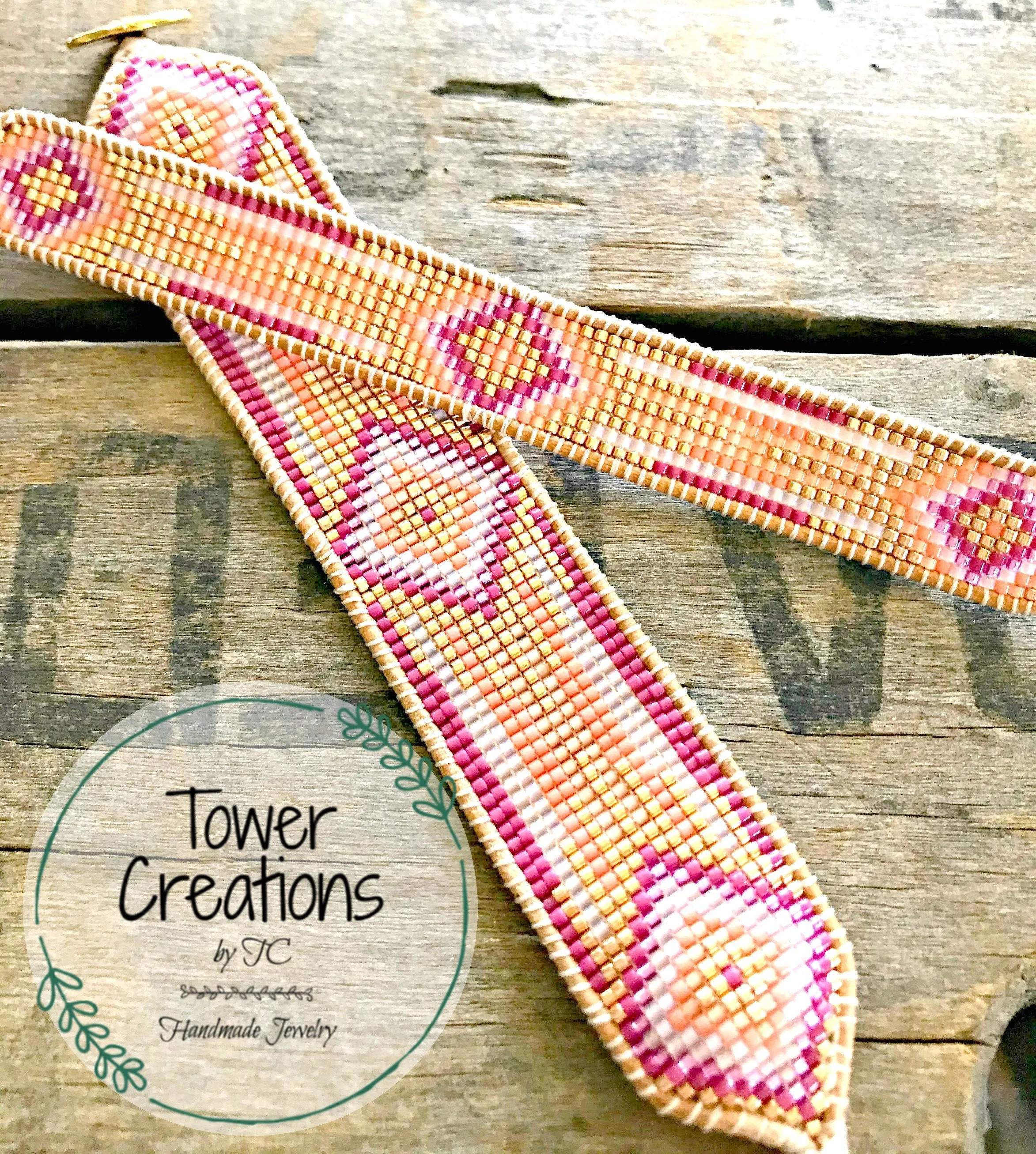 Gold and Pink Starburst Southwester Bead Loom Leather Bracelet