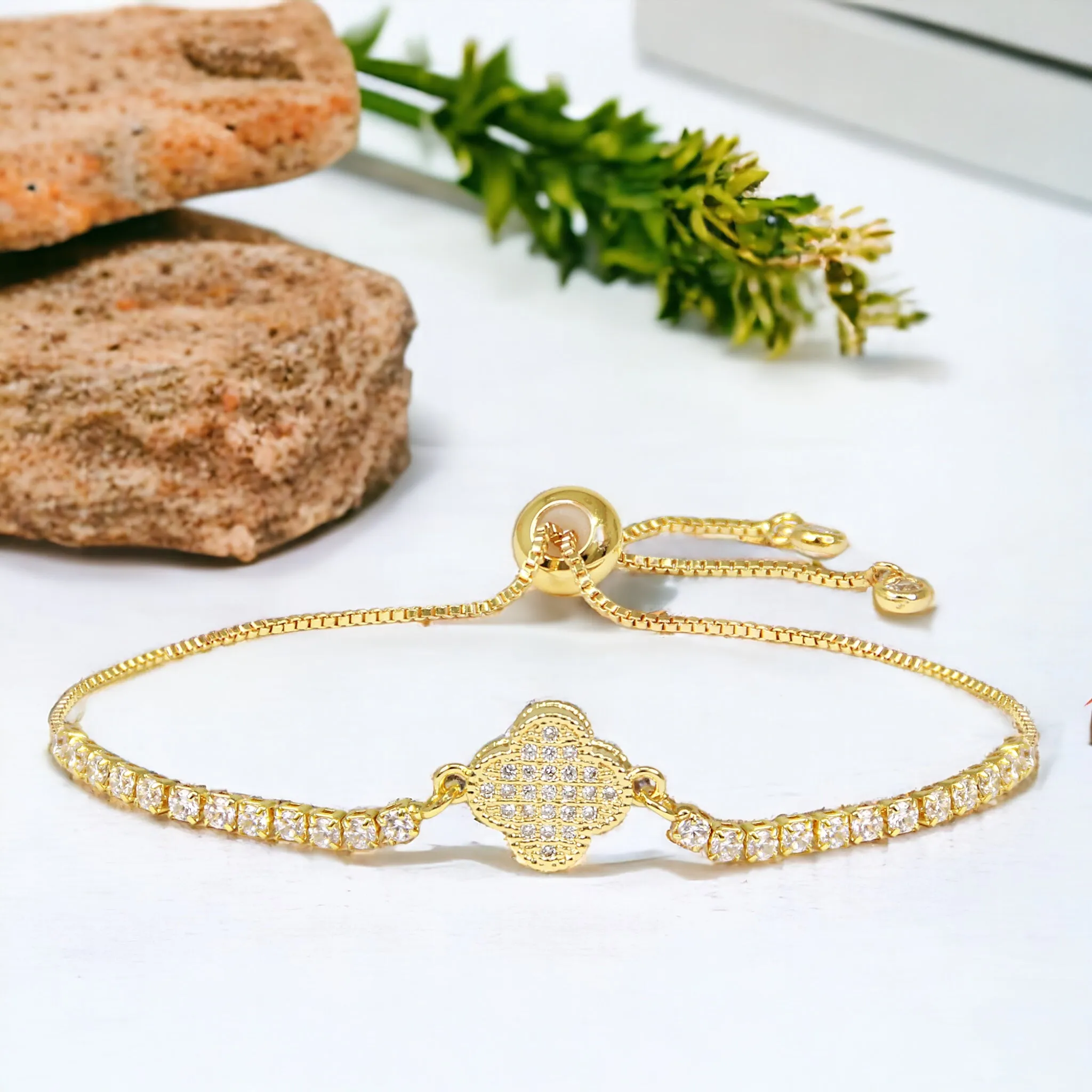 Gold Cubic Zirconia Adjustable Clover Bracelet