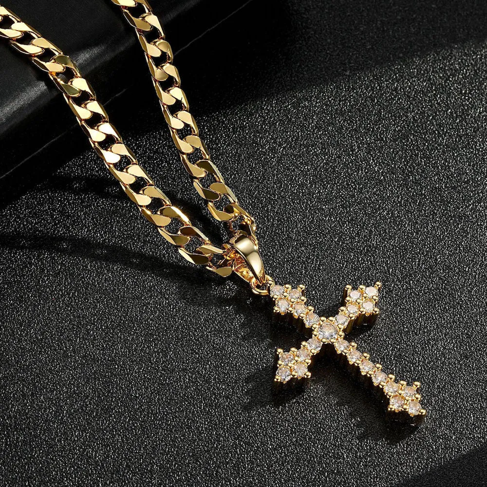 Gold Filled Bonded Crystal Cross Pendant 22 Inch 6mm Cuban Chain