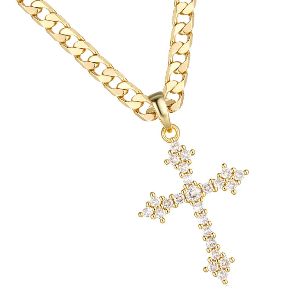 Gold Filled Bonded Crystal Cross Pendant 22 Inch 6mm Cuban Chain