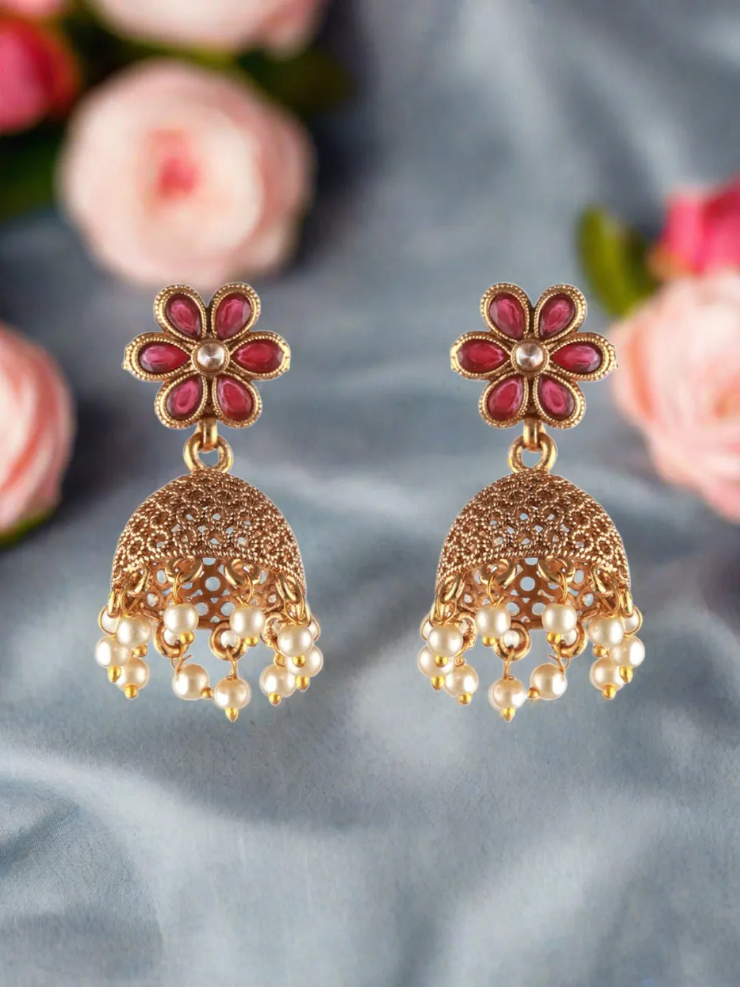 Gold Plated & Red Stone Studded, Pearl Beaded Dome Shaped Jhumka Earring