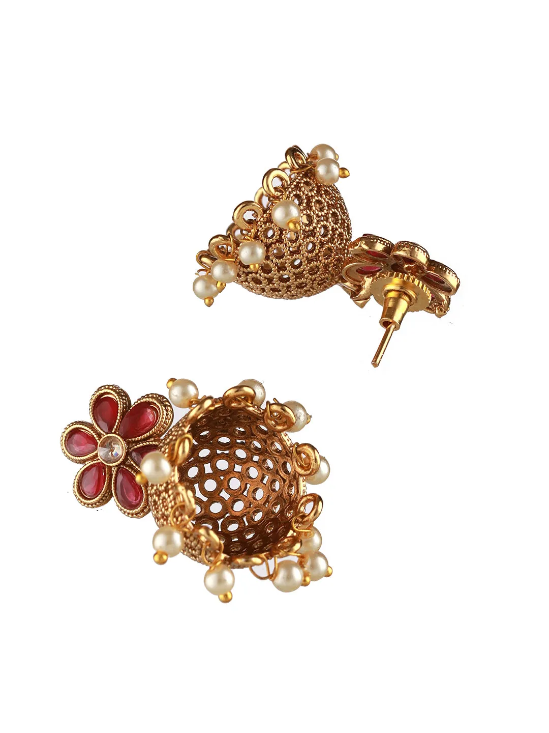 Gold Plated & Red Stone Studded, Pearl Beaded Dome Shaped Jhumka Earring