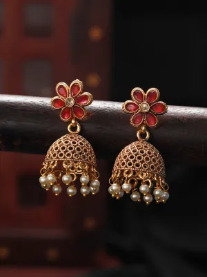 Gold Plated & Red Stone Studded, Pearl Beaded Dome Shaped Jhumka Earring