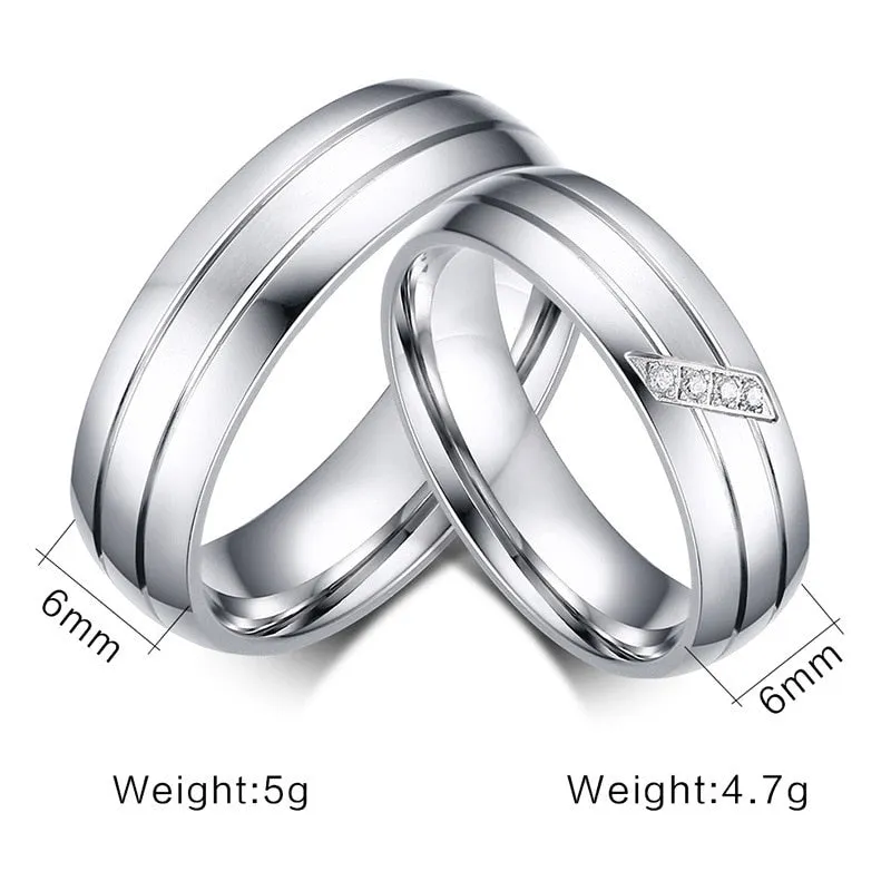 Gold Silver Color Stainless Steel Ring Cubic Zirconia Couple Wedding Ring Fashion Engagement Jewelry Quality Gift for Women Men