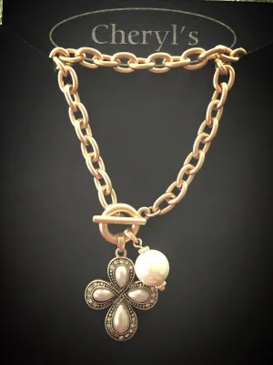 Gold Toggle Pearl Clover Cross Necklace