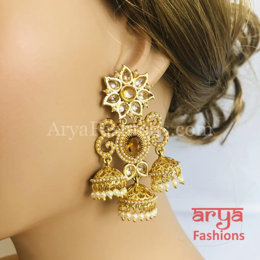 Golden Jhumka Earring with Pearls and Champagne Stones