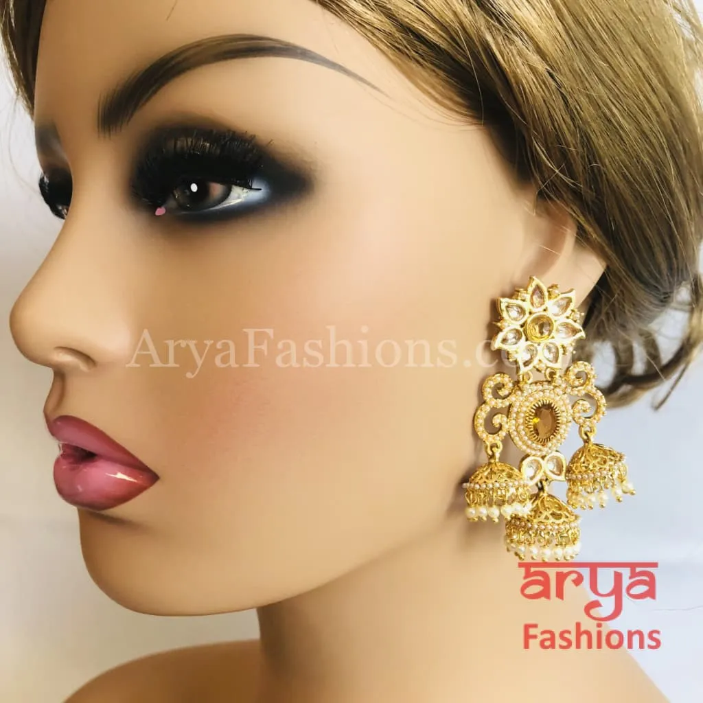 Golden Jhumka Earring with Pearls and Champagne Stones