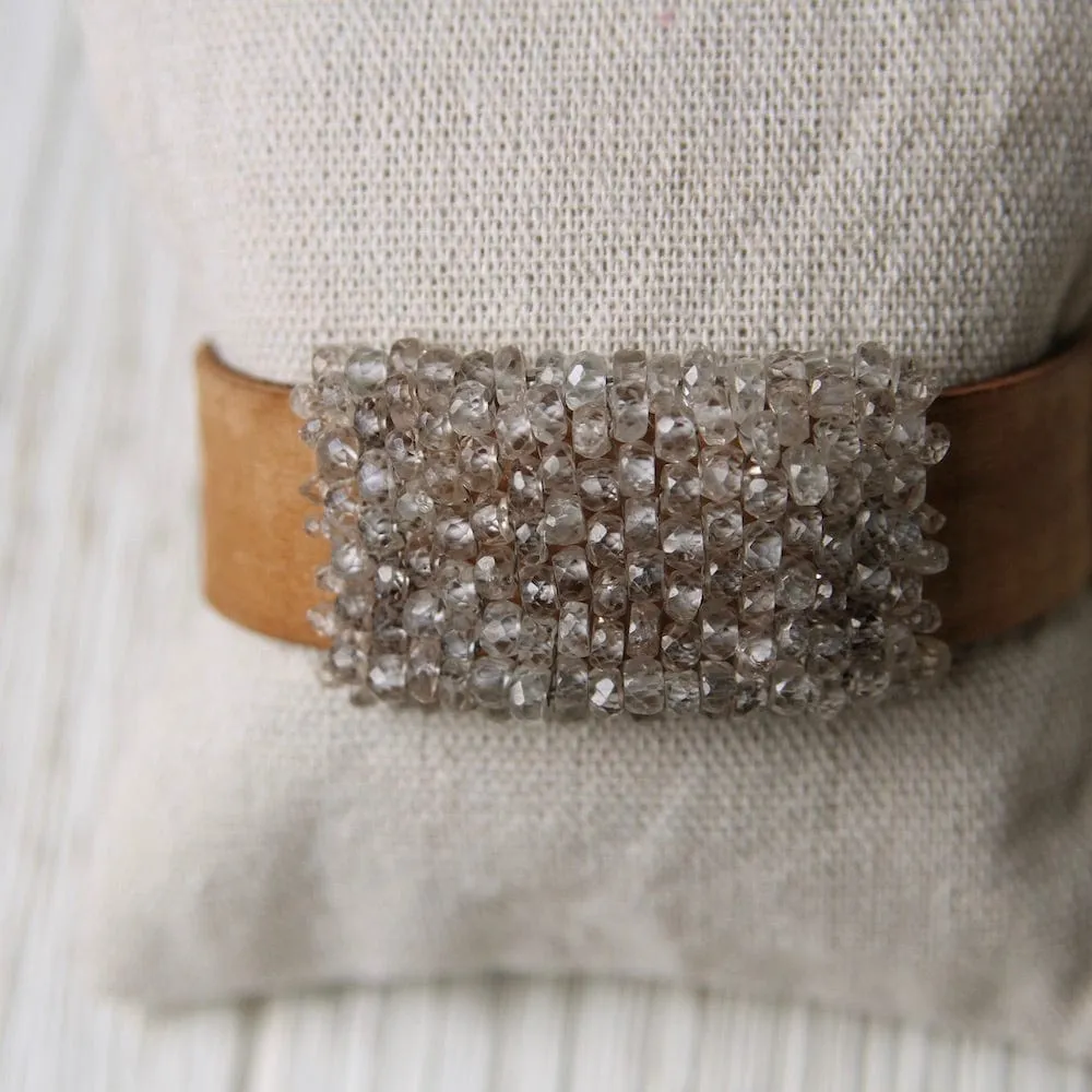 Hand Cut Natural Zircon Hand Stitched Leather Cuff