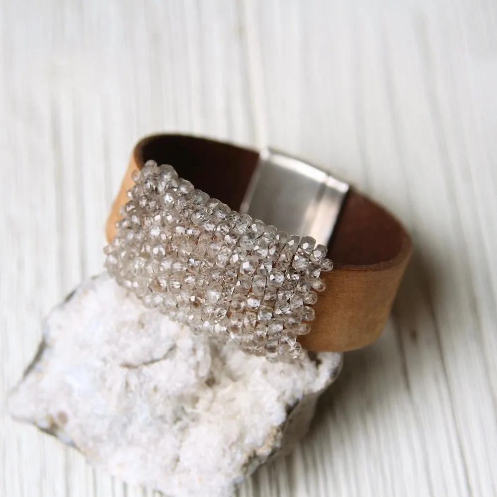 Hand Cut Natural Zircon Hand Stitched Leather Cuff