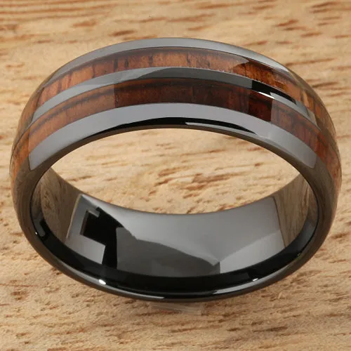 High Tech Black Ceramic Natural Koa Wood Double Row Oval Wedding Ring 8mm