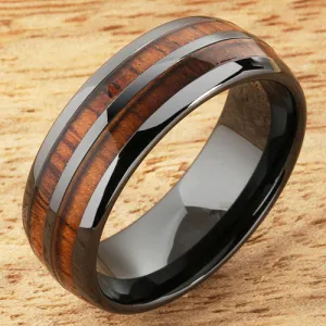 High Tech Black Ceramic Natural Koa Wood Double Row Oval Wedding Ring 8mm