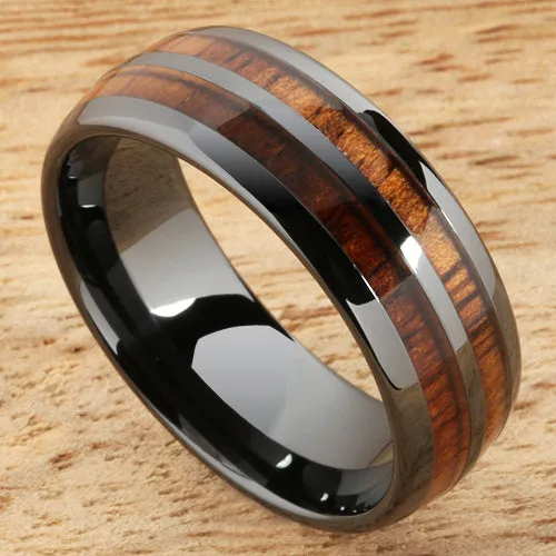 High Tech Black Ceramic Natural Koa Wood Double Row Oval Wedding Ring 8mm