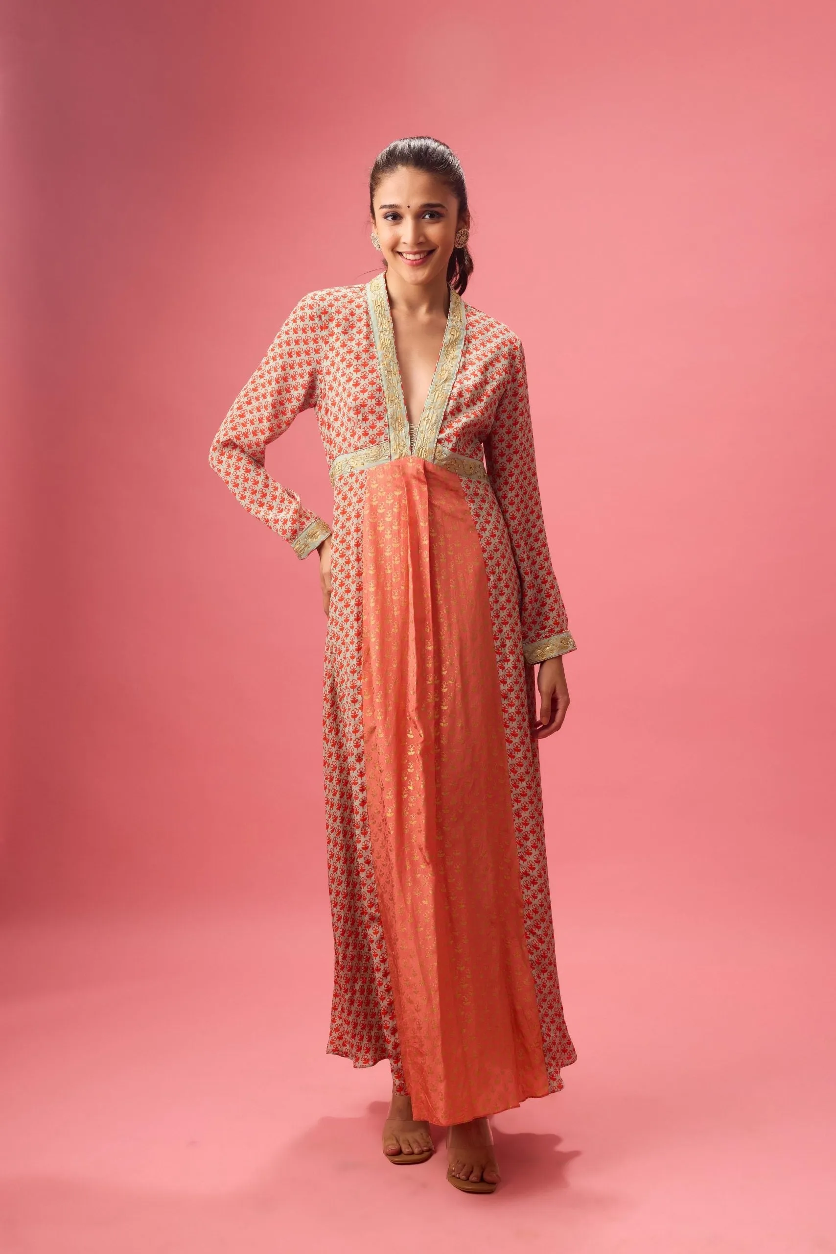 KALIDAR KURTA WITH PRINT AND EMBROIDERY PAIRED WITH CHURIDAR