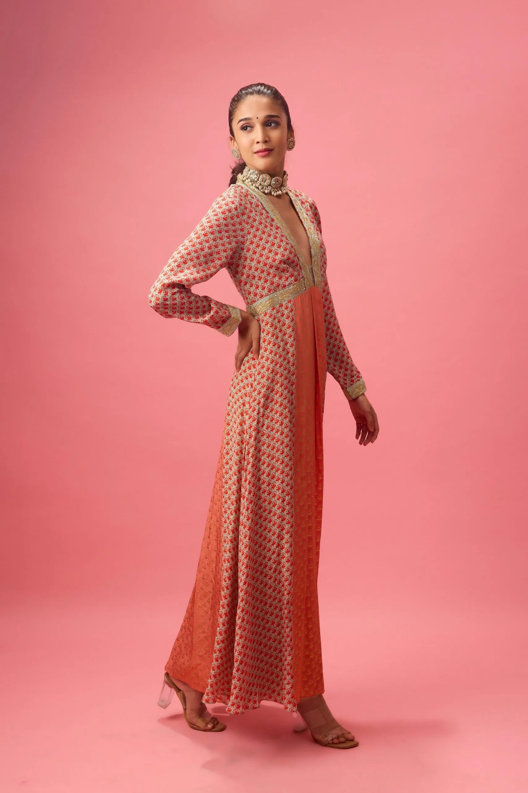 KALIDAR KURTA WITH PRINT AND EMBROIDERY PAIRED WITH CHURIDAR