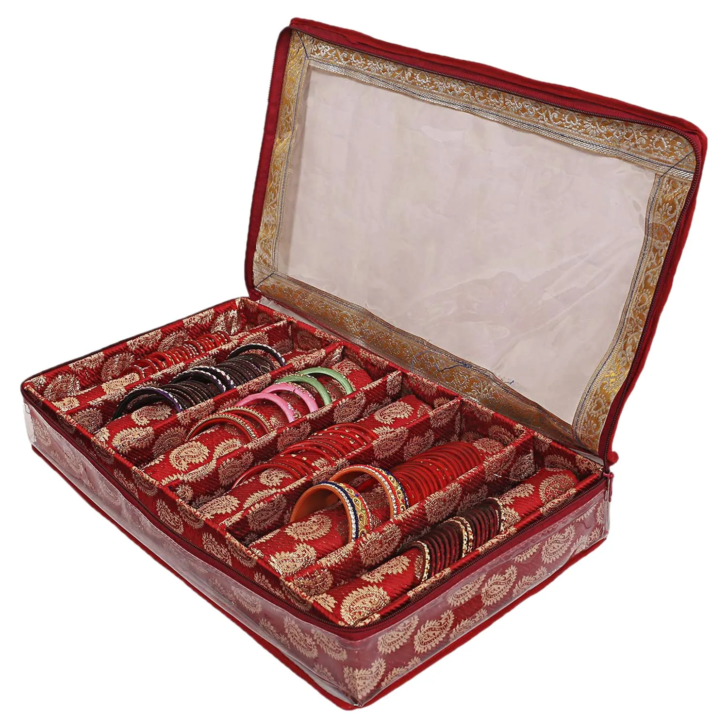 Kuber Industries Multipurpose Teardrop Pattern Laminated 6 Rod Bangle Box/Organizer/Case With Tranasparent Top (Red)-47KM0501