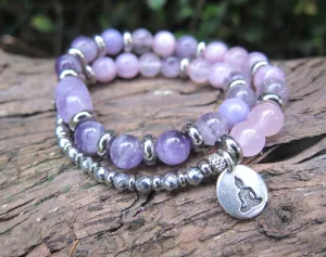 Kunzite, Lavender Quartz, Rose Quartz Energy Wrist Mala Bracelet