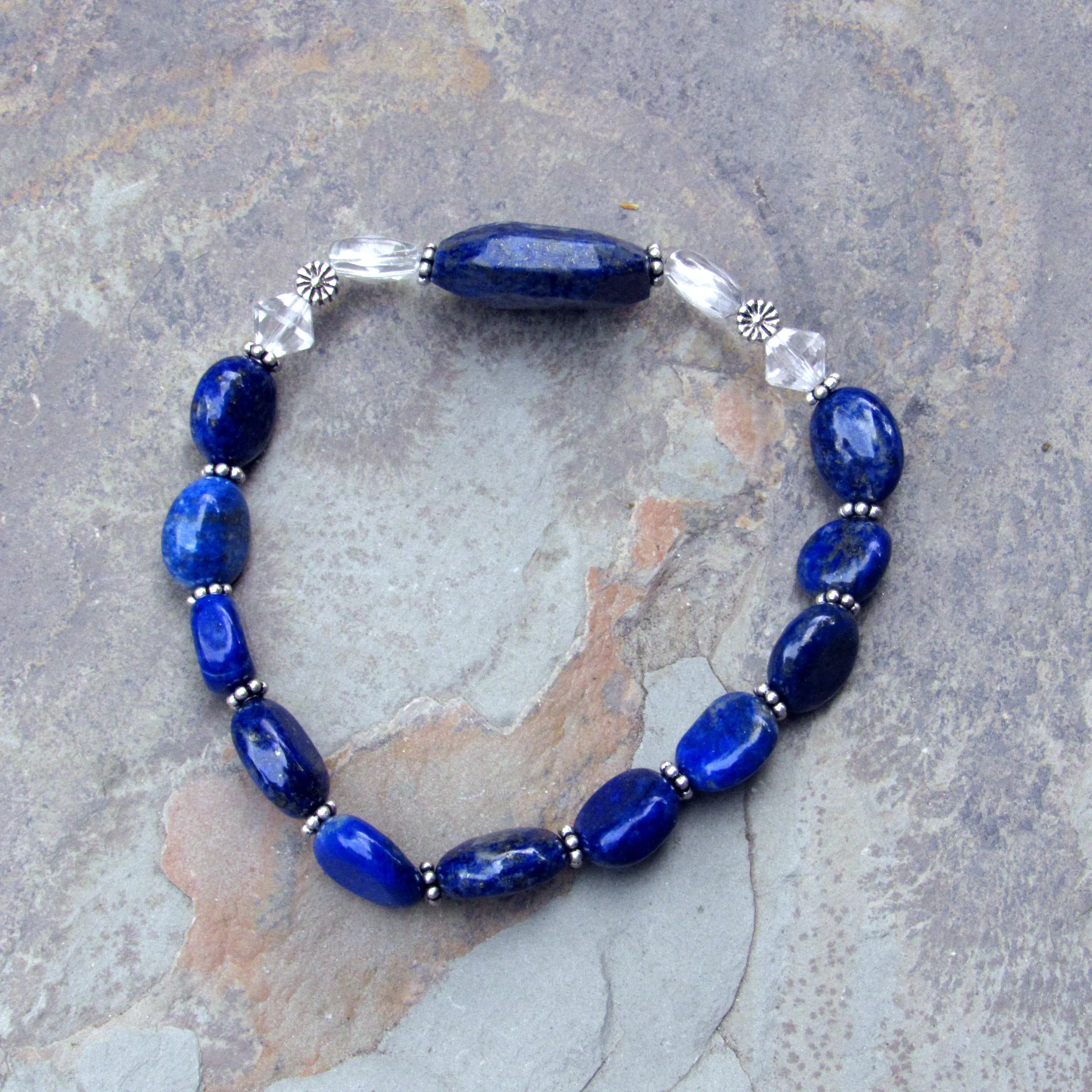 Lapis Lazuli, Clear Quartz, and Sterling Silver Stretch Bracelet