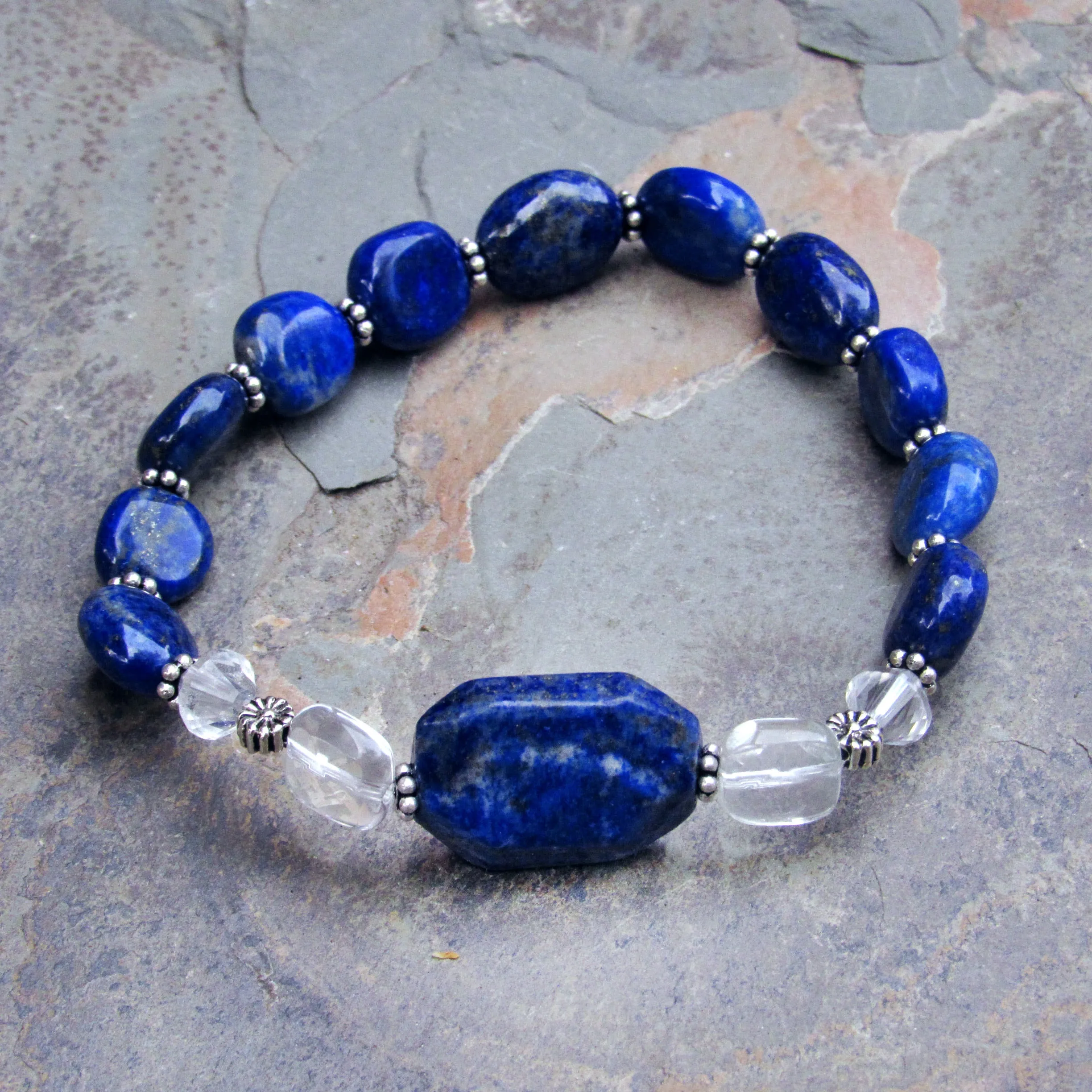 Lapis Lazuli, Clear Quartz, and Sterling Silver Stretch Bracelet