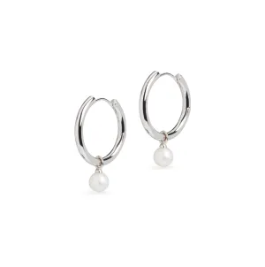 Large Hoop and Round Cultured Pearl Charm Silver Earring Set