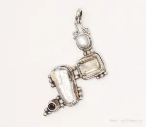 Large Vintage Pearl Citrine Garnet Sterling Silver Pendant