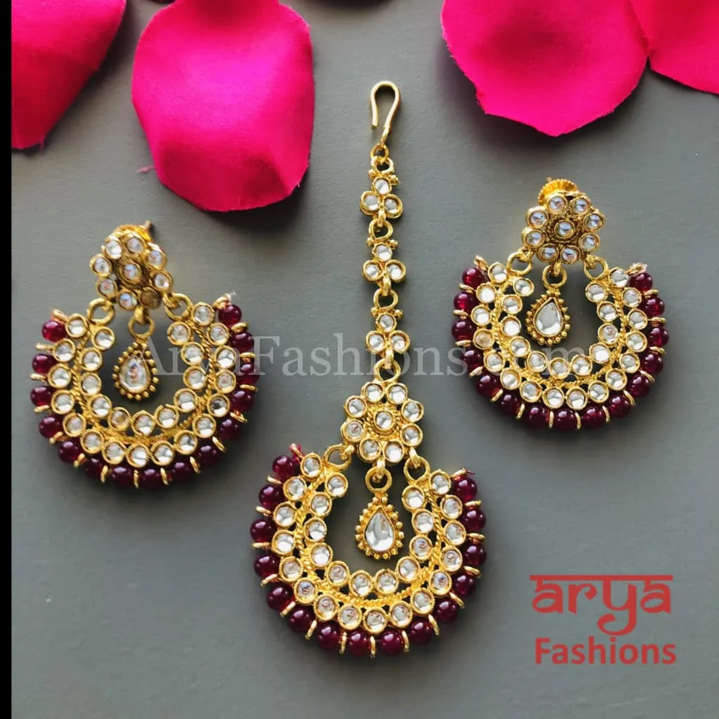 Mang Tika and Earrings Combo/ Red Green White Chandbali and MangTika Combo