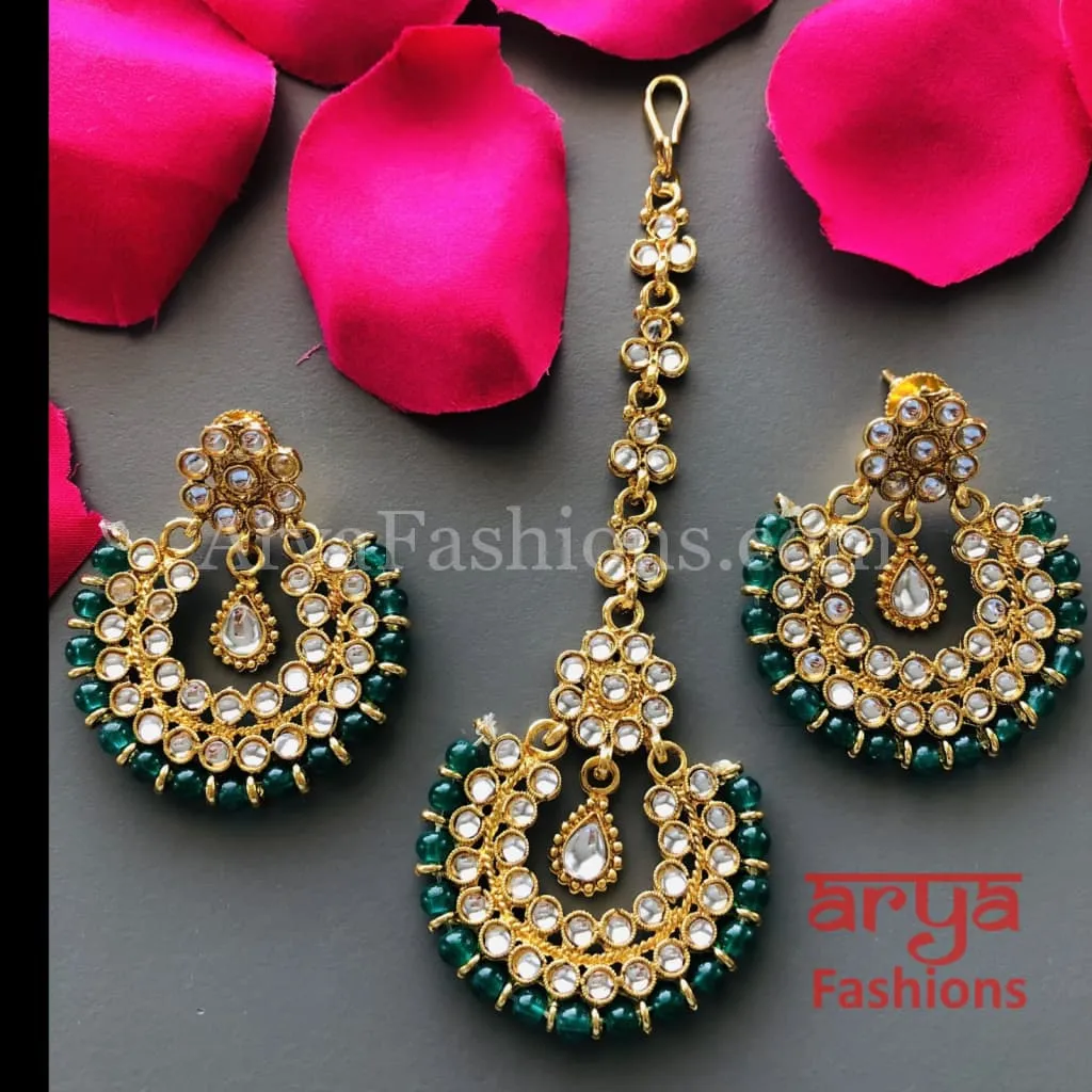 Mang Tika and Earrings Combo/ Red Green White Chandbali and MangTika Combo