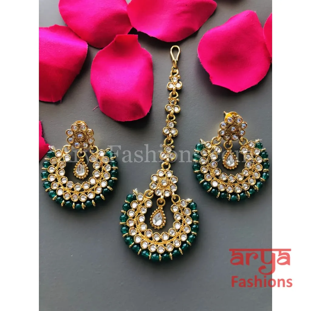 Mang Tika and Earrings Combo/ Red Green White Chandbali and MangTika Combo