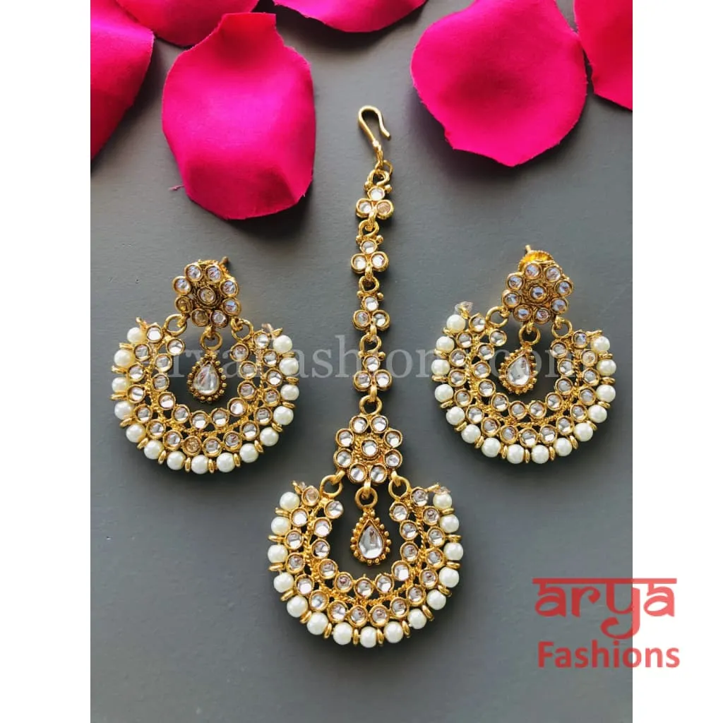 Mang Tika and Earrings Combo/ Red Green White Chandbali and MangTika Combo