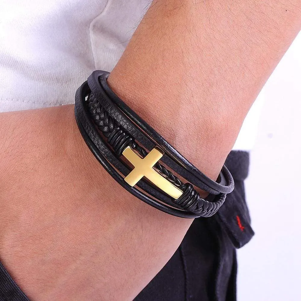 Men's Cross Bracelet <br> Cross and Leather