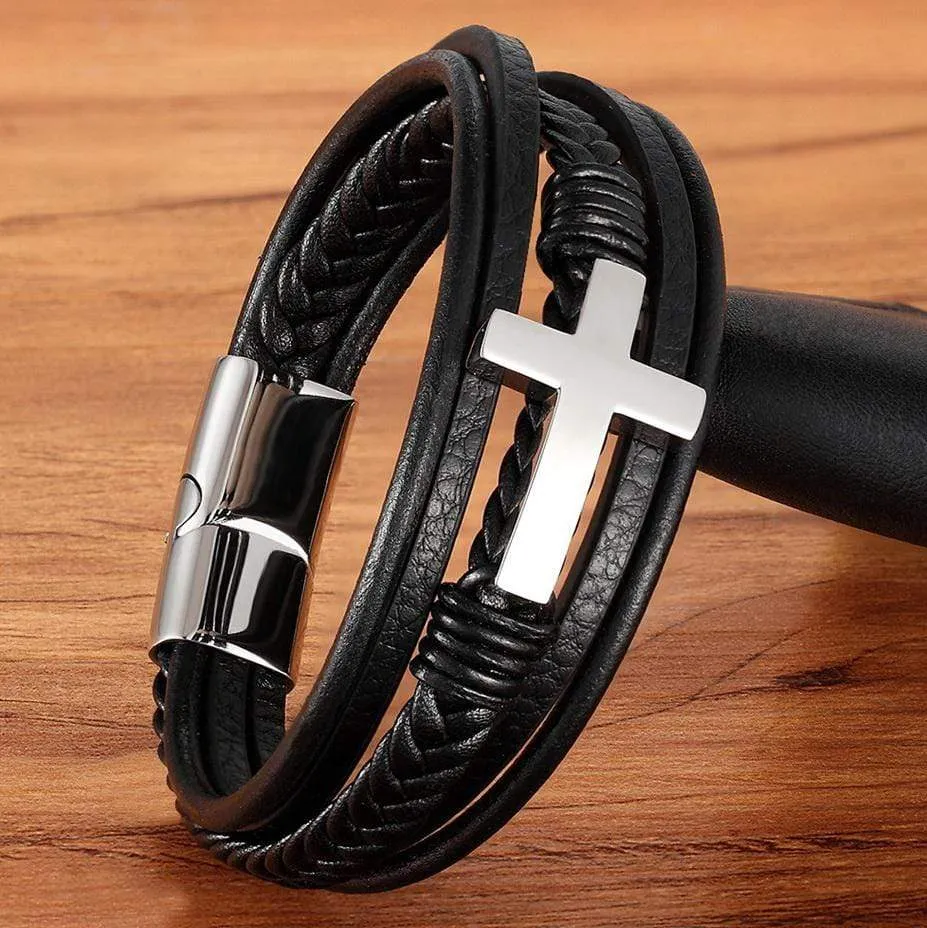 Men's Cross Bracelet <br> Cross and Leather