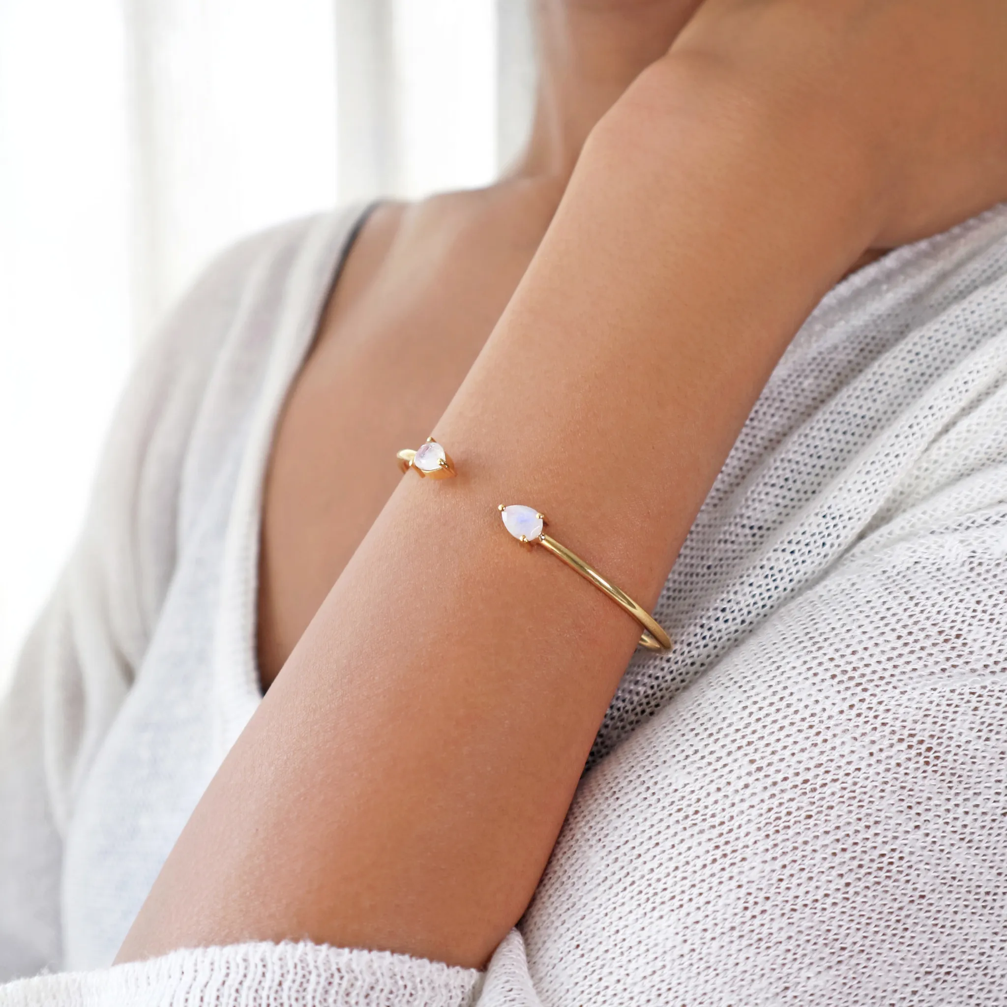 Moonstone Teardrop Cuff Bangle Bracelet