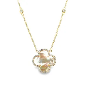 Mountz Collection Mother of Pearl and Diamond Clover Pendant Necklace in 14K Yellow Gold