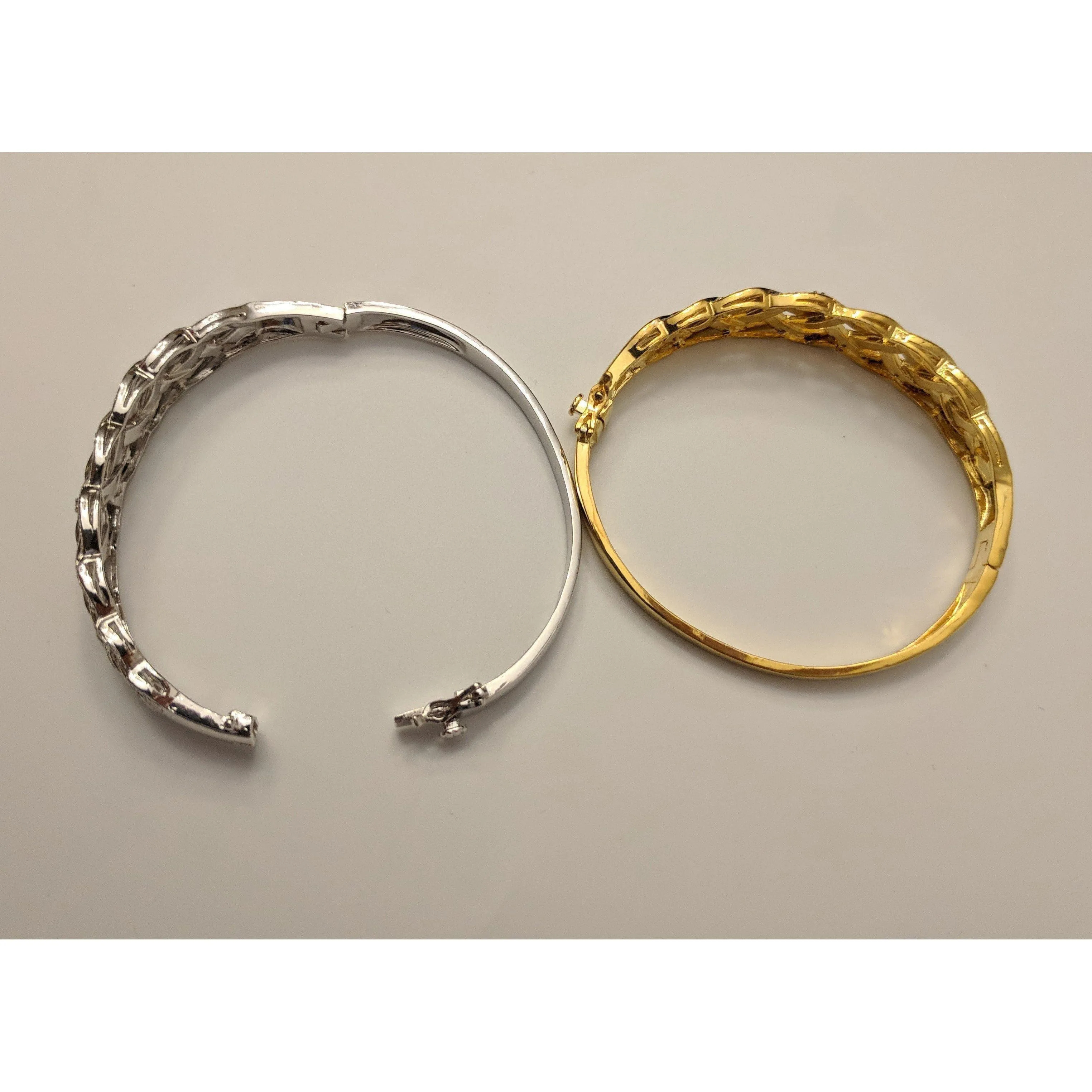 Natural Diamond Basket Weave Gold Plated Bangle Bracelet with REAL Diamonds!  Very Affordable!