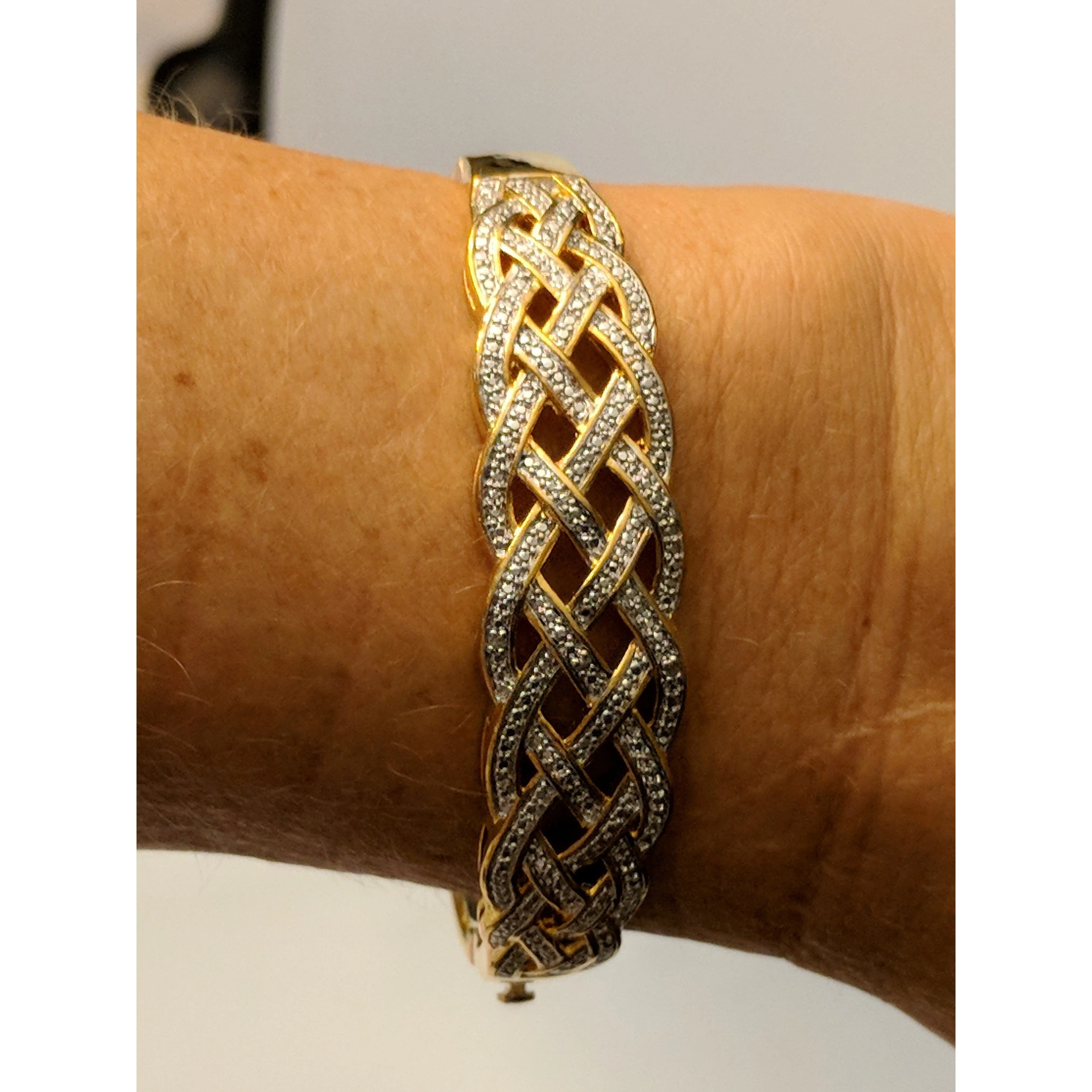 Natural Diamond Basket Weave Gold Plated Bangle Bracelet with REAL Diamonds!  Very Affordable!