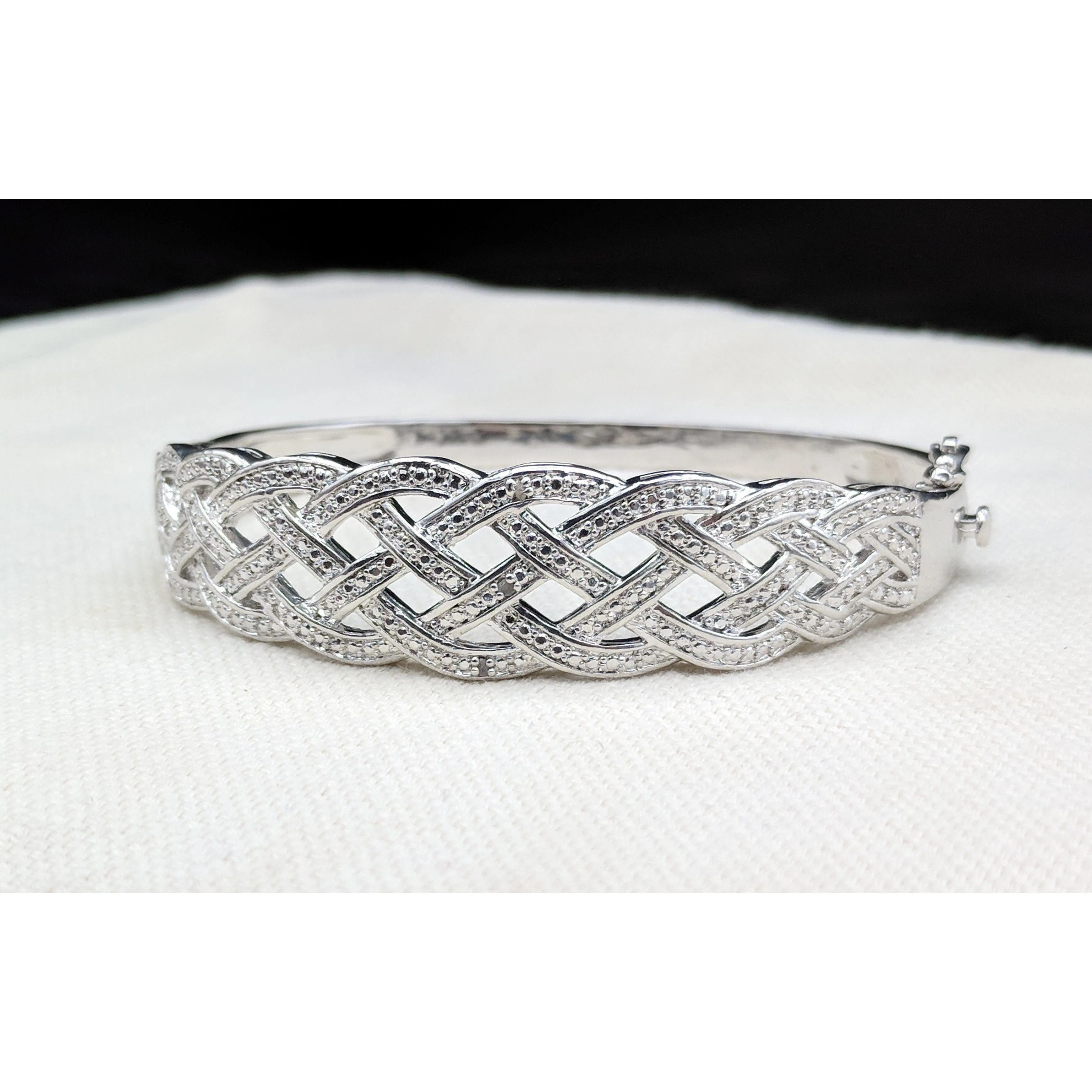 Natural Diamond Basket Weave Gold Plated Bangle Bracelet with REAL Diamonds!  Very Affordable!