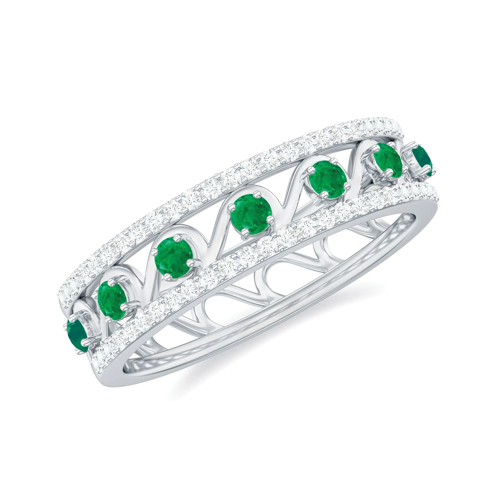 Natural Emerald and Diamond Designer Band Ring