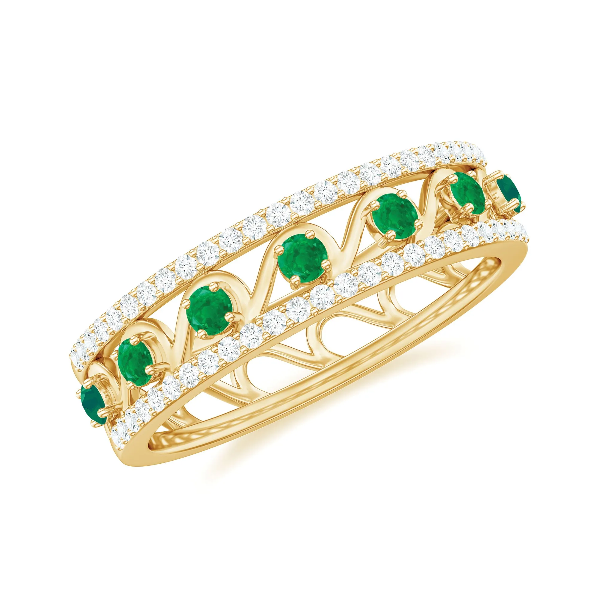 Natural Emerald and Diamond Designer Band Ring