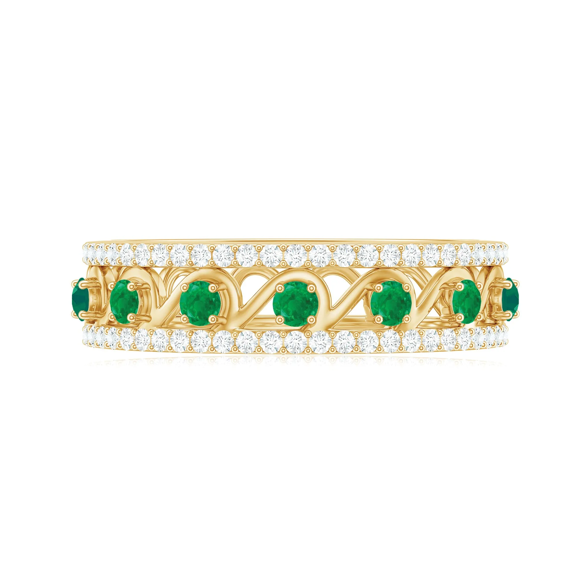 Natural Emerald and Diamond Designer Band Ring