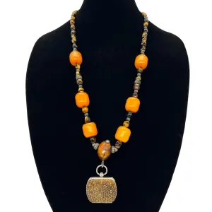 NECKLACE Tiger Eye & Amber Beaded with Handbag Pendant