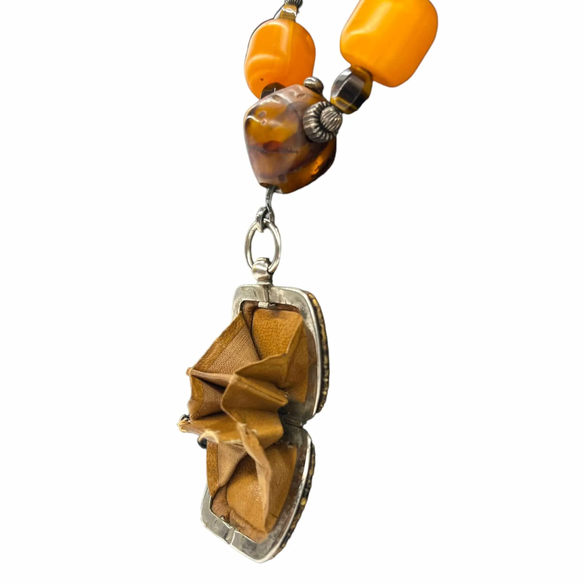 NECKLACE Tiger Eye & Amber Beaded with Handbag Pendant