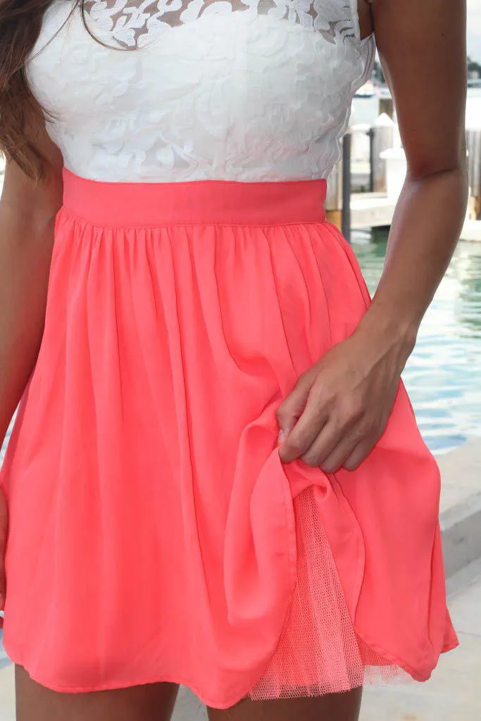 Neon Coral And White Lace Dress